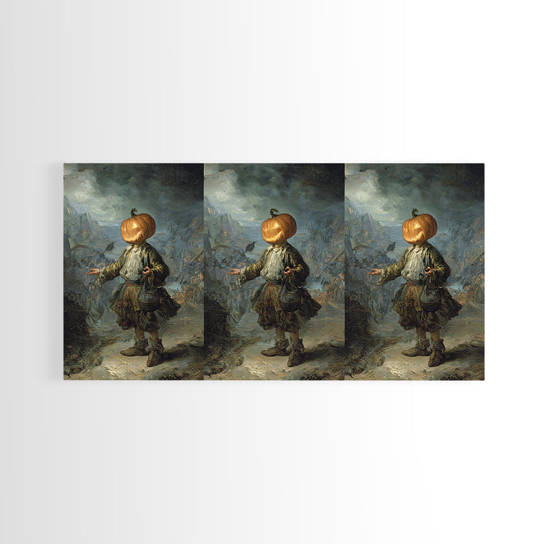 The Pumpkin-Headed Child, Northern Renaissance Horror, Wide Panoramic Art, Dark Fantasy Wall Art, Framed Canvas Print