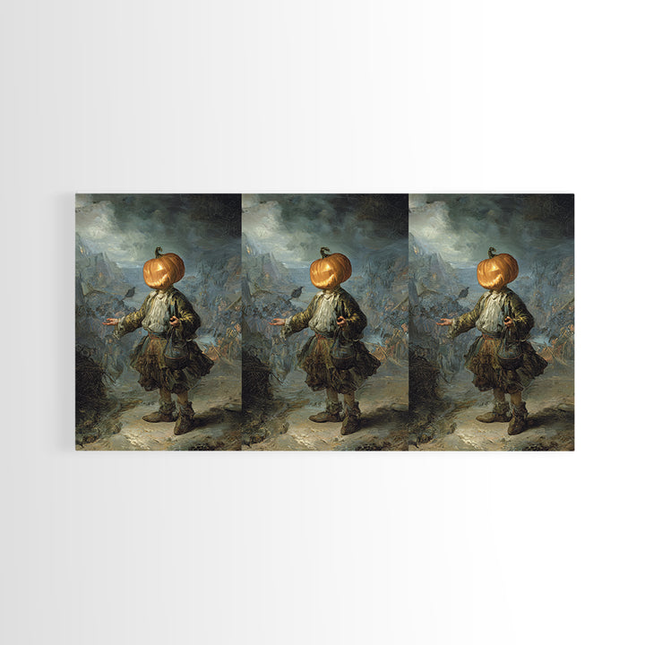 The Pumpkin-Headed Child, Northern Renaissance Horror, Wide Panoramic Art, Dark Fantasy Wall Art, Framed Canvas Print