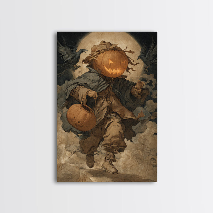 The Pumpkin-Headed Child, Dark Renaissance Art, Vertical Wall Art, Dark Fantasy Wall Art, Framed Canvas Print, Halloween Wall Art