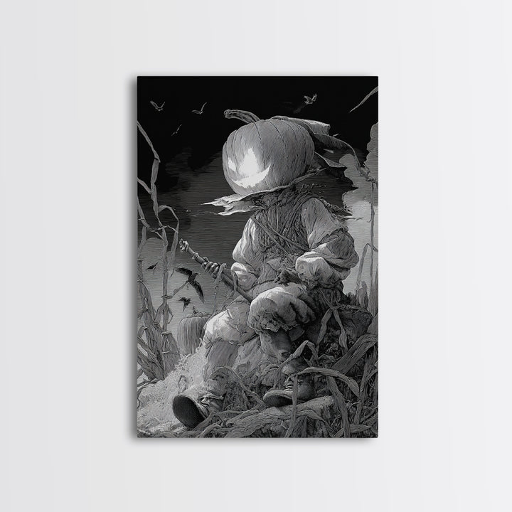 The Pumpkin-Headed Child, Renaissance Engraving Art, Vertical Wall Art, Dark Fantasy Wall Art, Canvas Print, Halloween Wall Art