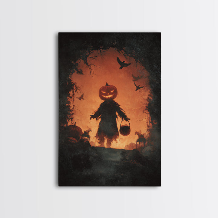 The Pumpkin-Headed Child, Dark Romantic Horror Art, Vertical Wall Art, Macabre Wall Art, Canvas Print, Halloween Wall Art