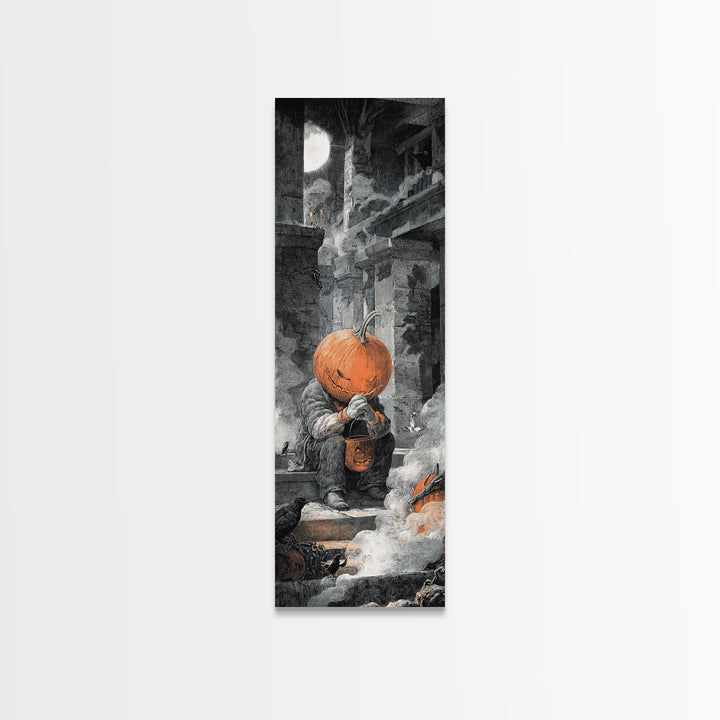 The Pumpkin-Headed Child, Architectural Etching Art, Tall Narrow Wall Art, Macabre Wall Art, Canvas Print, Halloween Wall Art