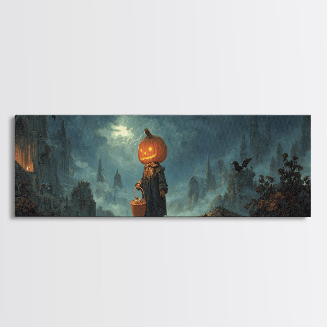 The Pumpkin-Headed Child, Apocalyptic Romantic Art, Extra Wide Wall Art, Gothic Horror Wall Art, Canvas Print, Halloween Wall Art