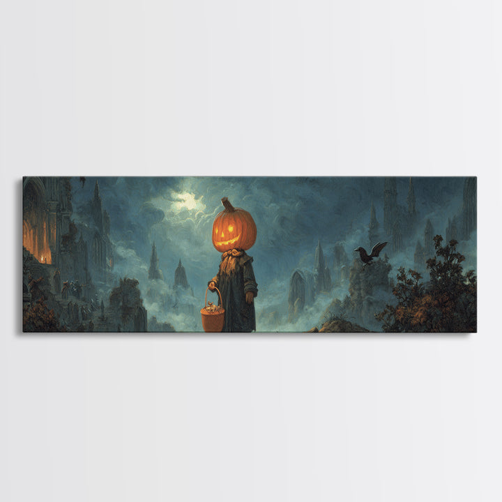 The Pumpkin-Headed Child, Apocalyptic Romantic Art, Extra Wide Wall Art, Gothic Horror Wall Art, Canvas Print, Halloween Wall Art