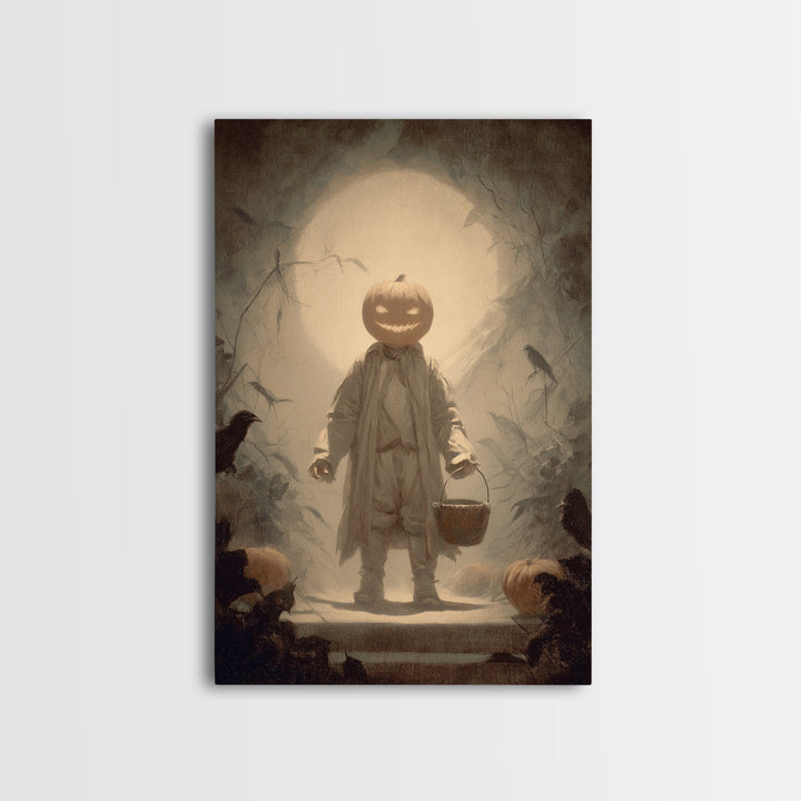 The Pumpkin-Headed Child, Symbolist Dream Art, Vertical Wall Art, Dark Fantasy Wall Art, Framed Canvas Print, Halloween Wall Art