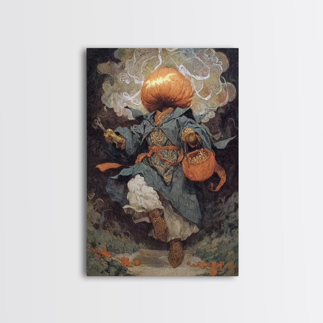 The Pumpkin-Headed Child, Ornate Symbolist Art, Vertical Wall Art, Dark Halloween Decor, Framed Canvas Print, Halloween Wall Art