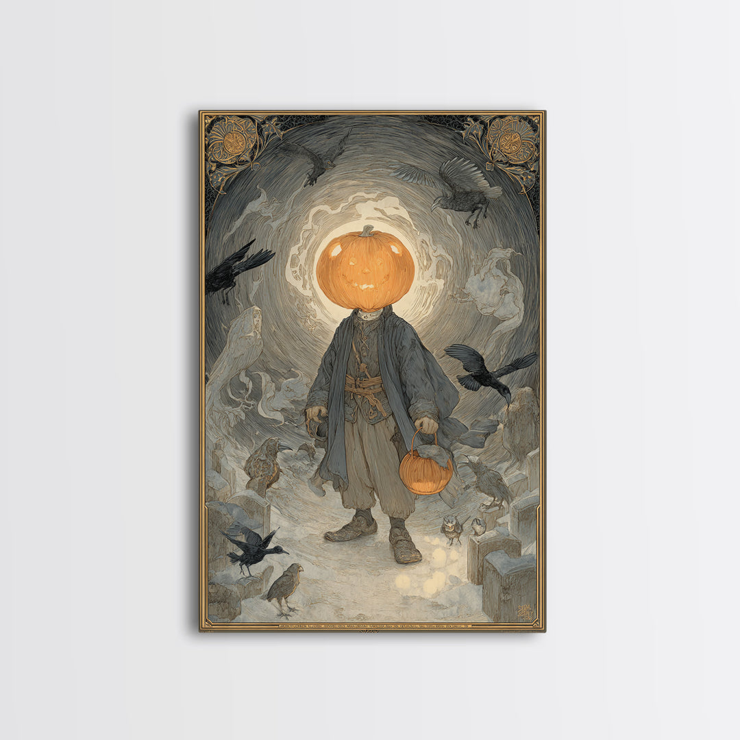 The Pumpkin-Headed Child, Symbolist Death Art, Vertical Wall Art, Dark Fantasy Wall Art, Framed Canvas Print, Halloween Wall Art