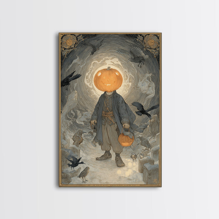 The Pumpkin-Headed Child, Symbolist Death Art, Vertical Wall Art, Dark Fantasy Wall Art, Framed Canvas Print, Halloween Wall Art