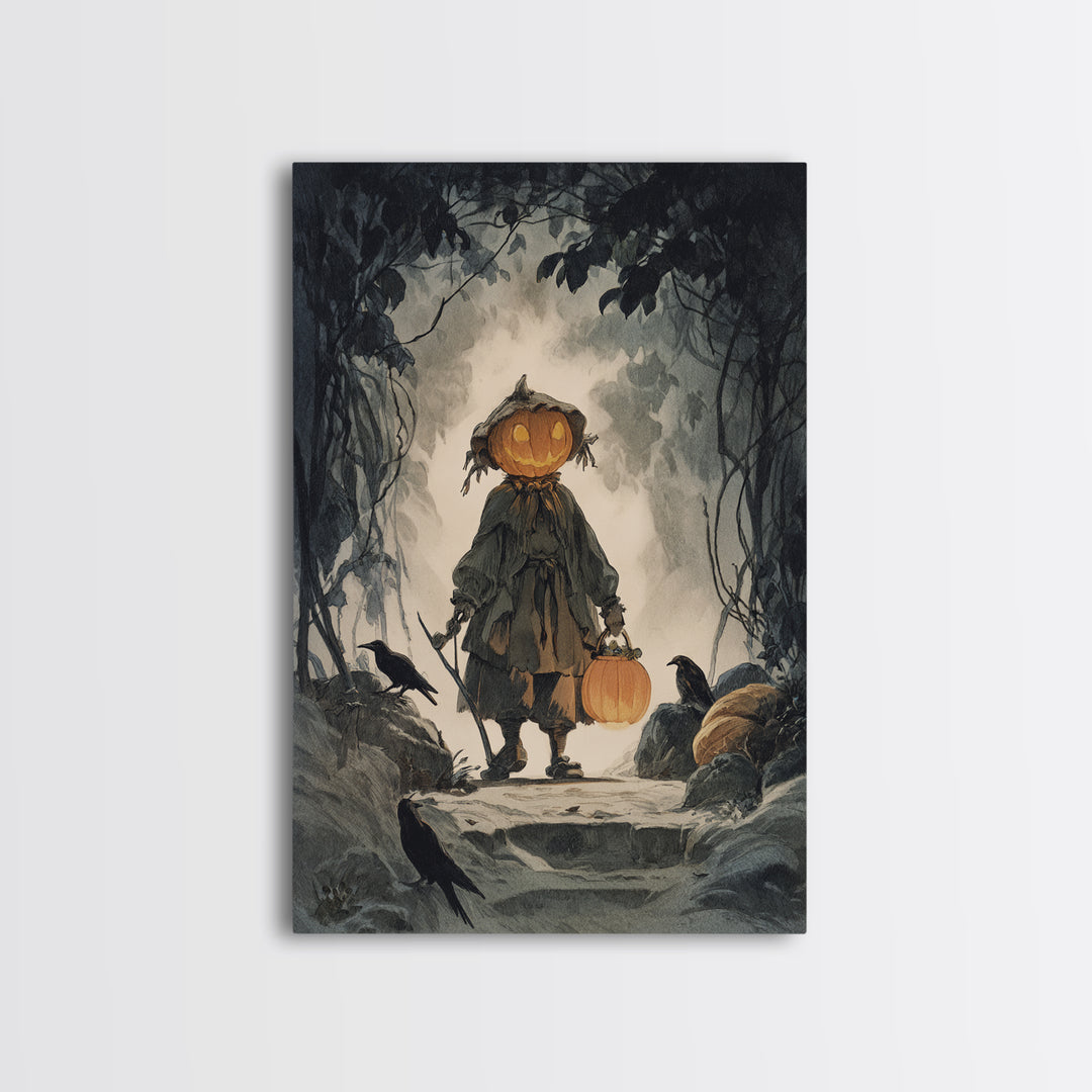 The Pumpkin-Headed Child, Symbolist Etching Art, Vertical Wall Art, Gothic Horror Wall Art, Canvas Print, Halloween Wall Art