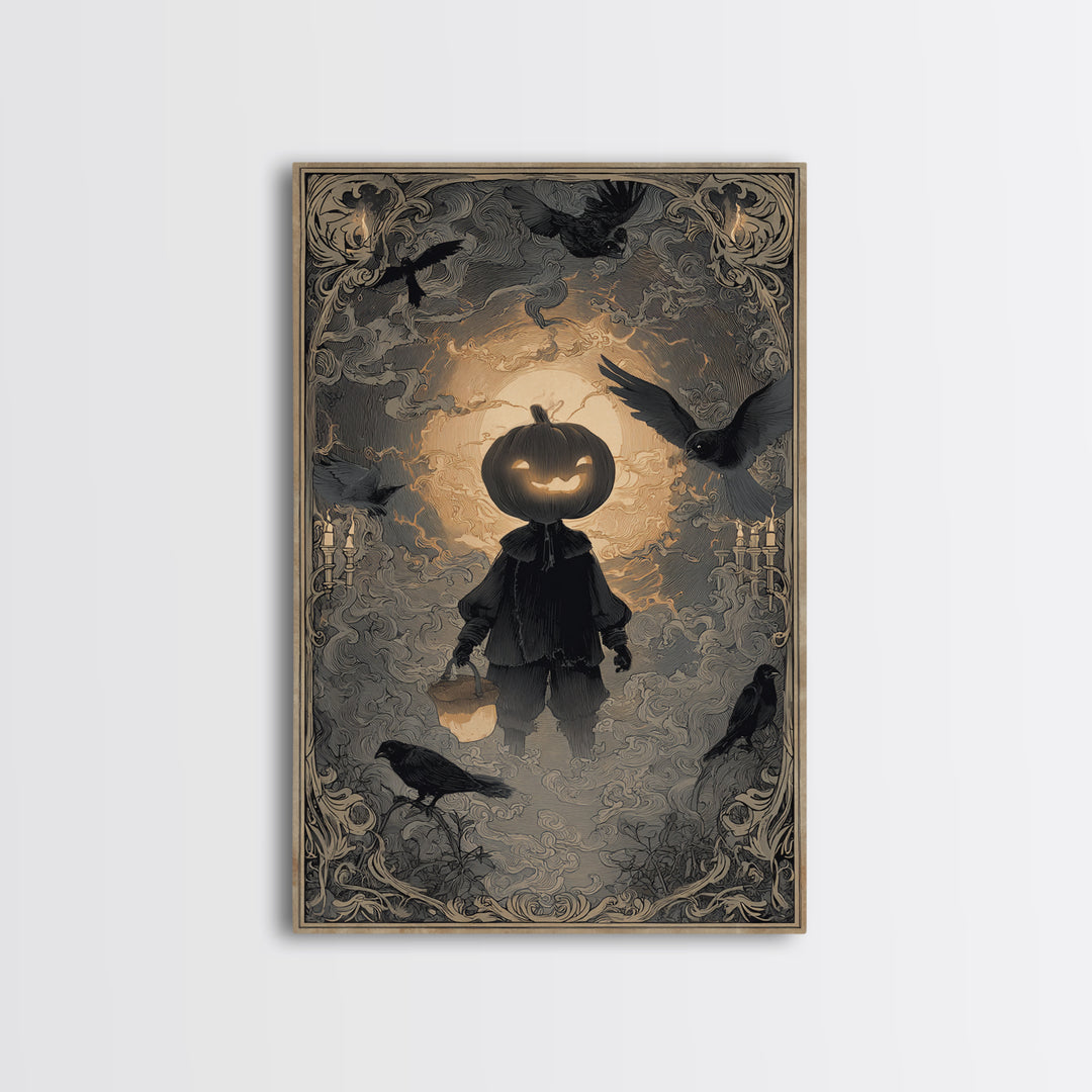The Pumpkin-Headed Child, Decadent Line Art, Vertical Wall Art, Dark Halloween Decor, Canvas Print, Halloween Wall Art