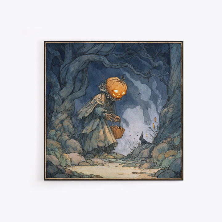 The Pumpkin-Headed Child, Gothic Storybook Art, Square Wall Art, Dark Fantasy Wall Art, Framed Canvas Print, Halloween Wall Art