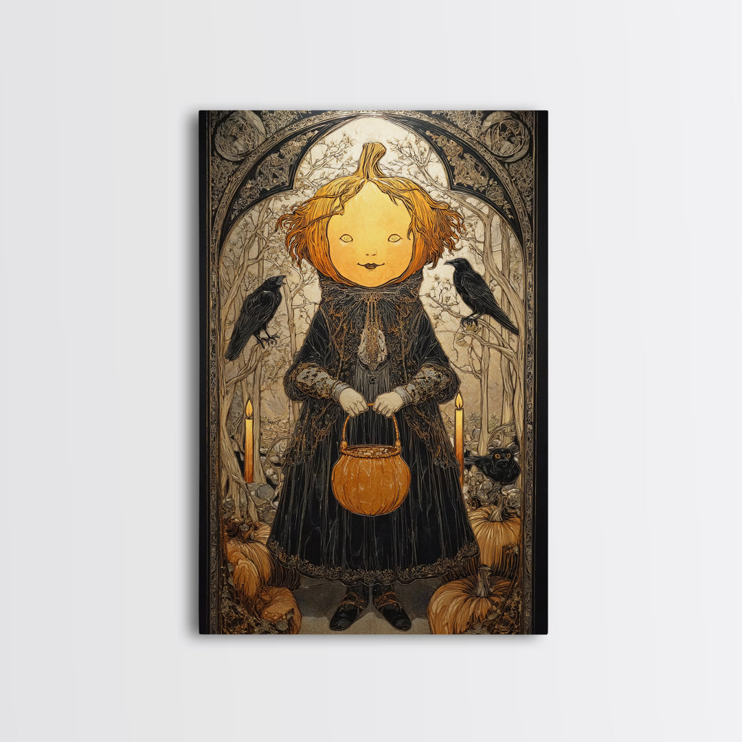 The Pumpkin-Headed Child, Stained Glass Gothic Art, Vertical Wall Art, Dark Fantasy Wall Art, Framed Canvas Print, Halloween Wall Art