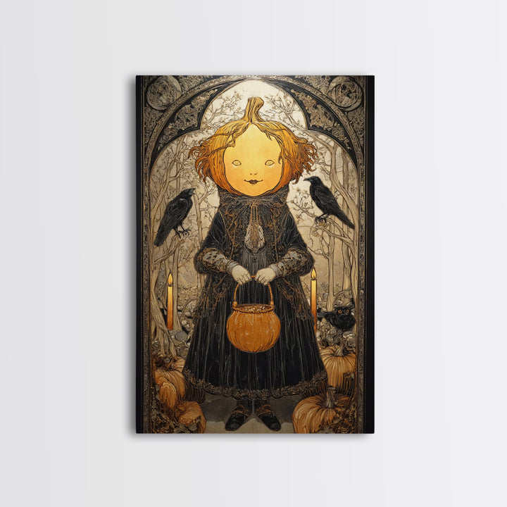 The Pumpkin-Headed Child, Stained Glass Gothic Art, Vertical Wall Art, Dark Fantasy Wall Art, Framed Canvas Print, Halloween Wall Art