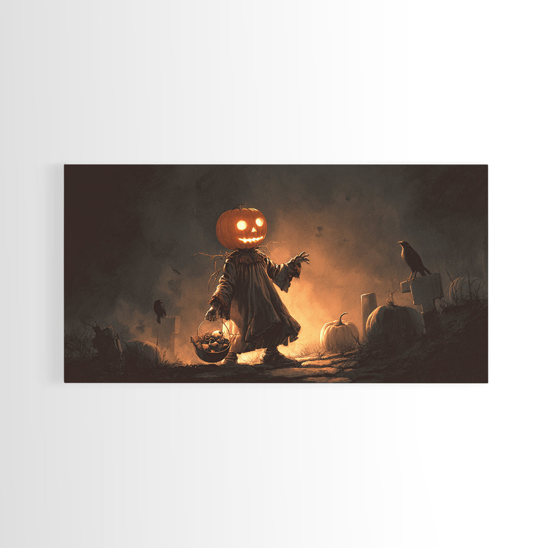 The Pumpkin-Headed Child, Macabre Folk Print Art, Wide Panoramic Art, Dark Halloween Decor, Canvas Print, Halloween Wall Art