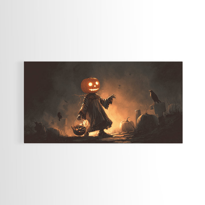 The Pumpkin-Headed Child, Macabre Folk Print Art, Wide Panoramic Art, Dark Halloween Decor, Canvas Print, Halloween Wall Art