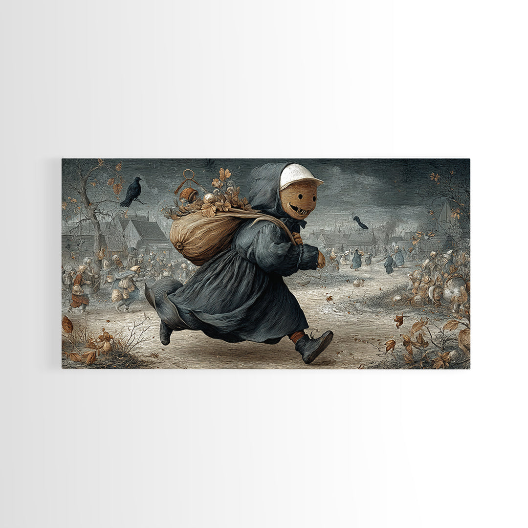 The Masked Candy Collector, Northern Renaissance Horror, Wide Panoramic Art, Gothic Horror Wall Art, Framed Canvas Print