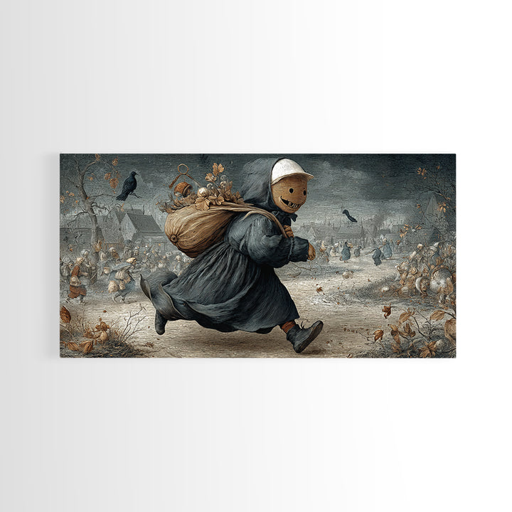 The Masked Candy Collector, Northern Renaissance Horror, Wide Panoramic Art, Gothic Horror Wall Art, Framed Canvas Print