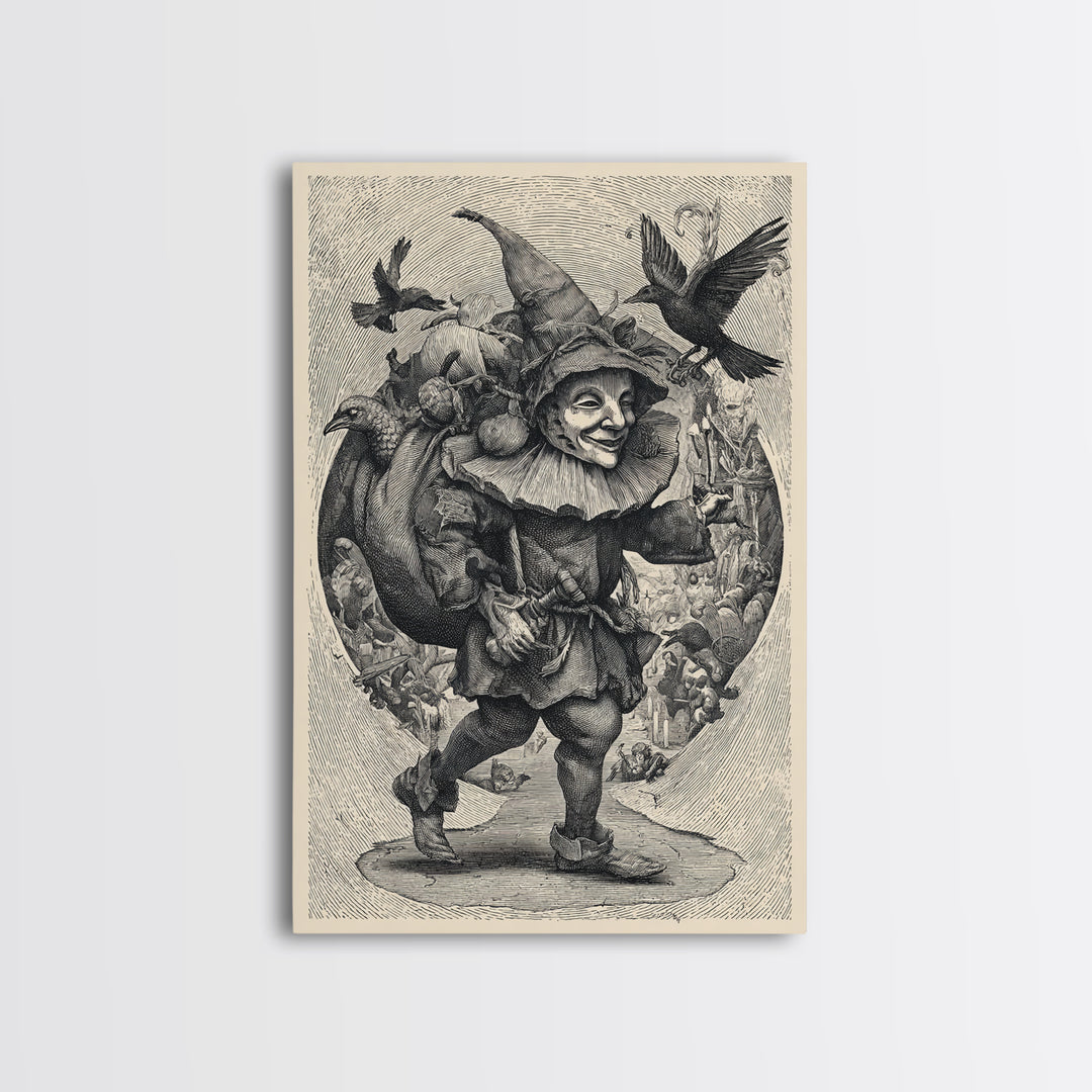 The Masked Candy Collector, Renaissance Engraving Art, Vertical Wall Art, Gothic Horror Wall Art, Framed Canvas Print, Halloween Wall Art