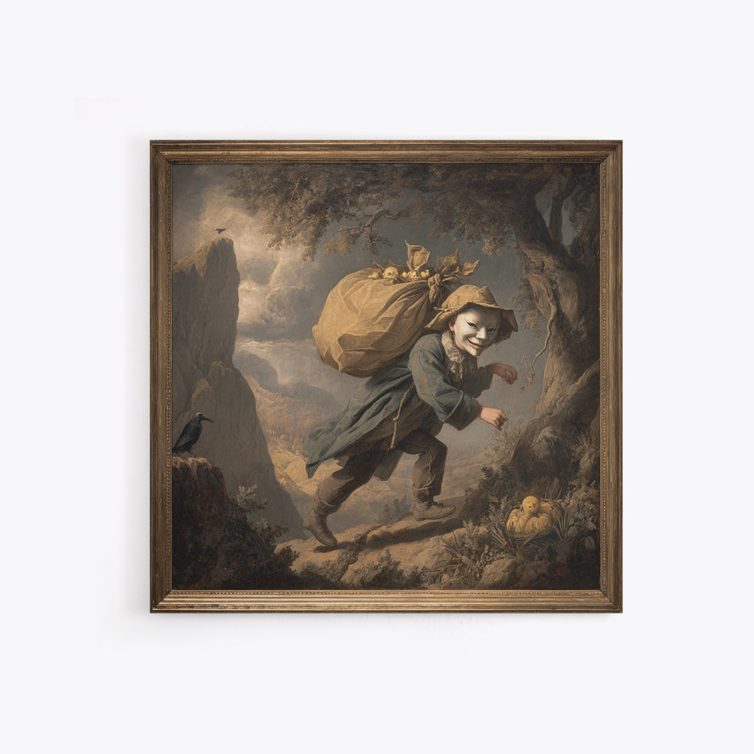The Masked Candy Collector, Baroque Witchcraft Art, Square Wall Art, Dark Halloween Decor, Framed Canvas Print, Halloween Wall Art