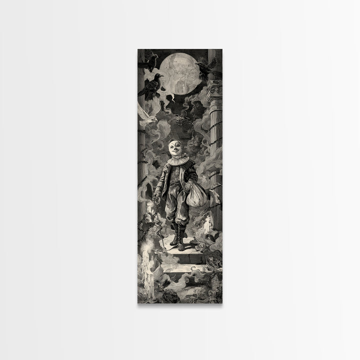 The Masked Candy Collector, Architectural Etching Art, Tall Narrow Wall Art, Dark Halloween Decor, Canvas Print