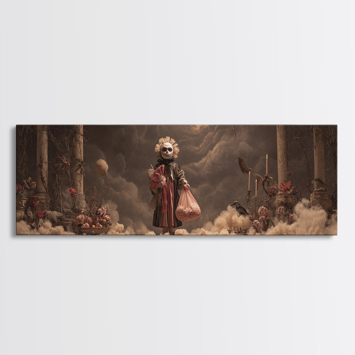 The Masked Candy Collector, Apocalyptic Romantic Art, Extra Wide Wall Art, Gothic Horror Wall Art, Framed Canvas Print, Halloween Wall Art