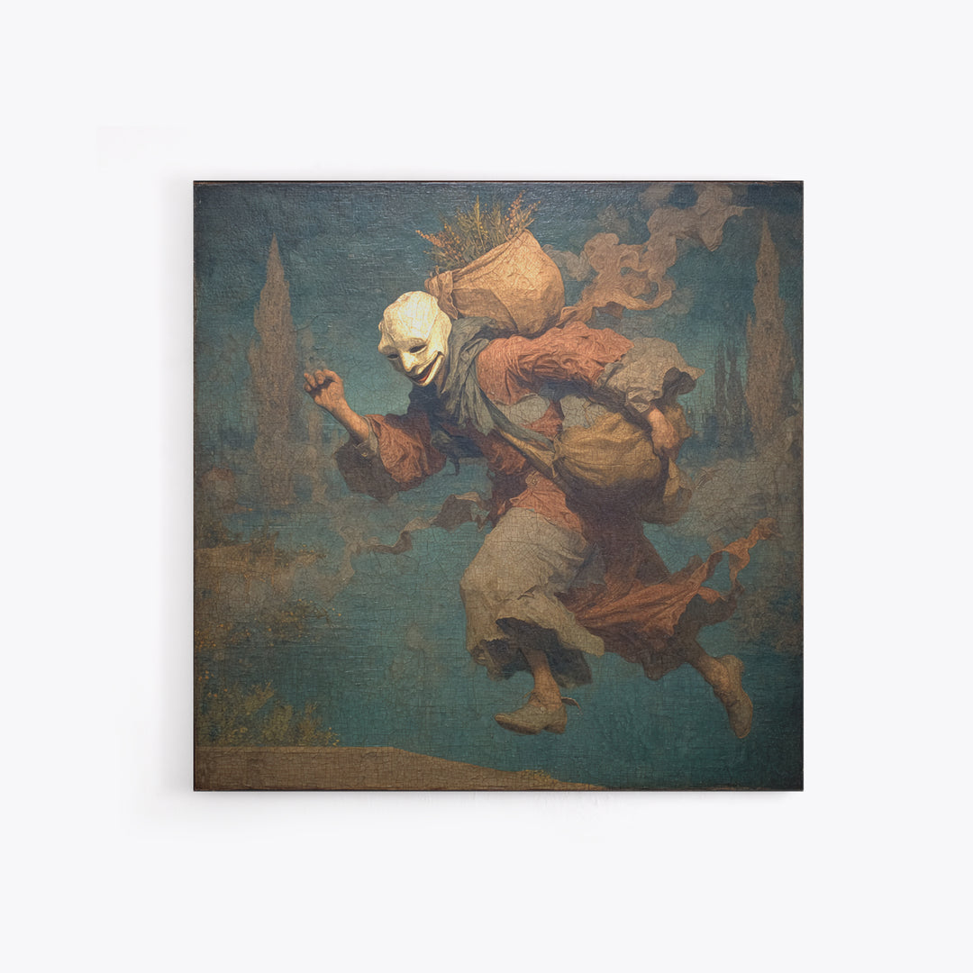 The Masked Candy Collector, Symbolist Gothic Landscape, Square Wall Art, Dark Halloween Decor, Canvas Print, Halloween Wall Art