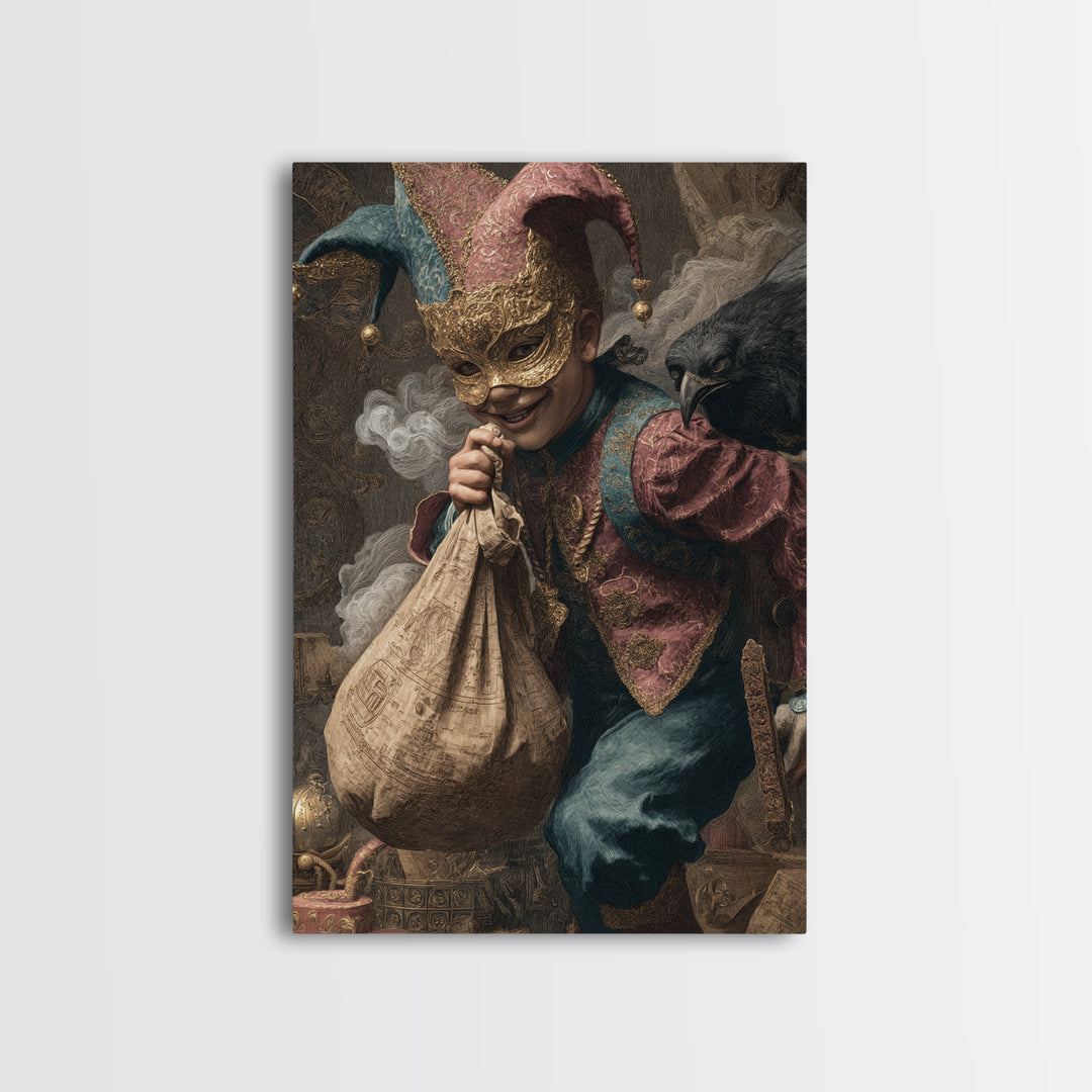 The Masked Candy Collector, Ornate Symbolist Art, Vertical Wall Art, Dark Fantasy Wall Art, Framed Canvas Print, Halloween Wall Art