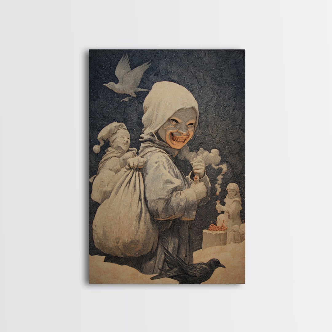 The Masked Candy Collector, Symbolist Death Art, Vertical Wall Art, Dark Halloween Decor, Canvas Print, Halloween Wall Art
