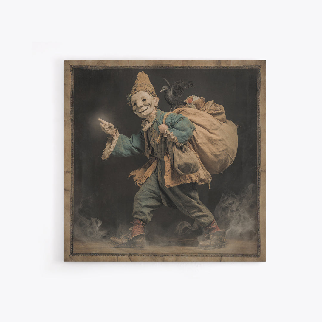 The Masked Candy Collector, Symbolist Etching Art, Square Wall Art, Macabre Wall Art, Canvas Print, Halloween Wall Art