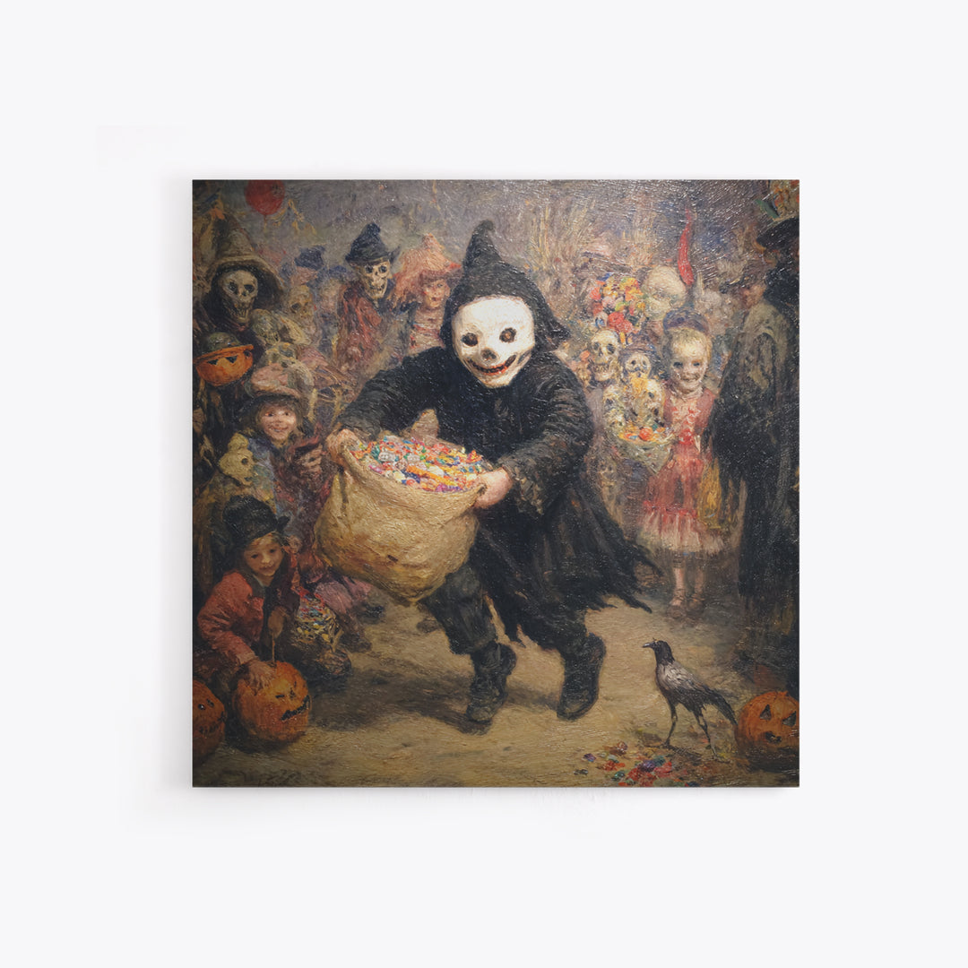 The Masked Candy Collector, Grotesque Carnival Art, Square Wall Art, Macabre Wall Art, Canvas Print, Halloween Wall Art, Dark Fantasy Art