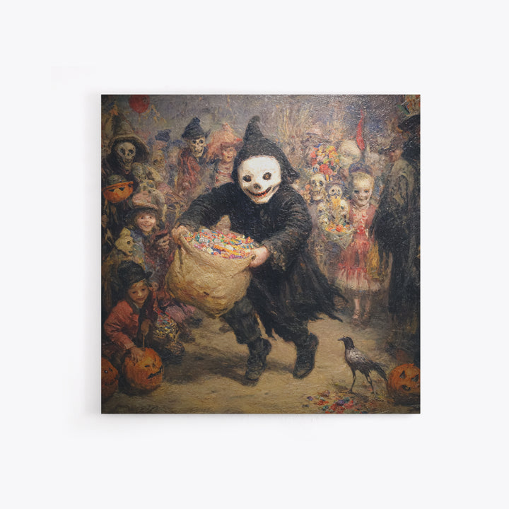 The Masked Candy Collector, Grotesque Carnival Art, Square Wall Art, Macabre Wall Art, Canvas Print, Halloween Wall Art, Dark Fantasy Art