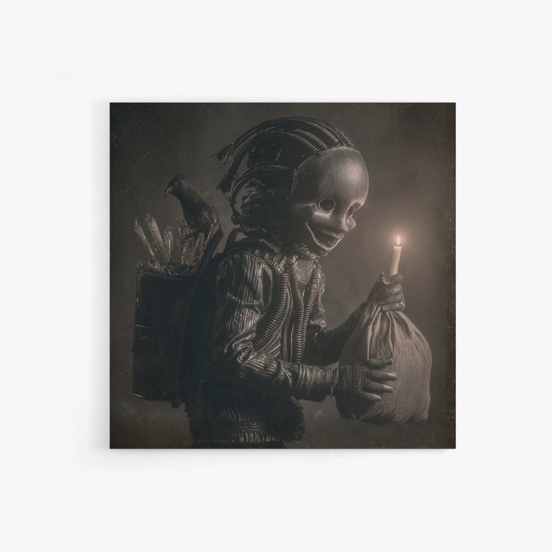 The Masked Candy Collector, Biomechanical Horror Art, Square Wall Art, Dark Halloween Decor, Framed Canvas Print, Halloween Wall Art
