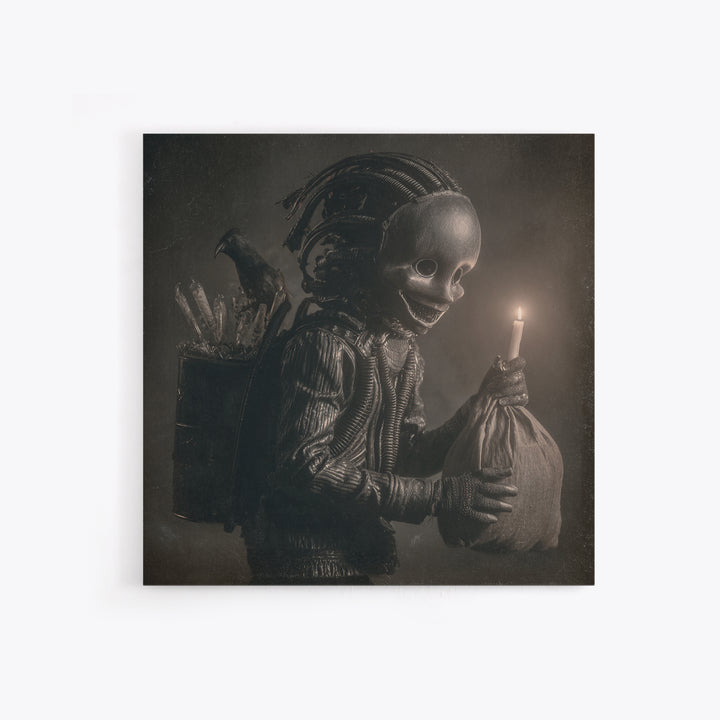 The Masked Candy Collector, Biomechanical Horror Art, Square Wall Art, Dark Halloween Decor, Framed Canvas Print, Halloween Wall Art