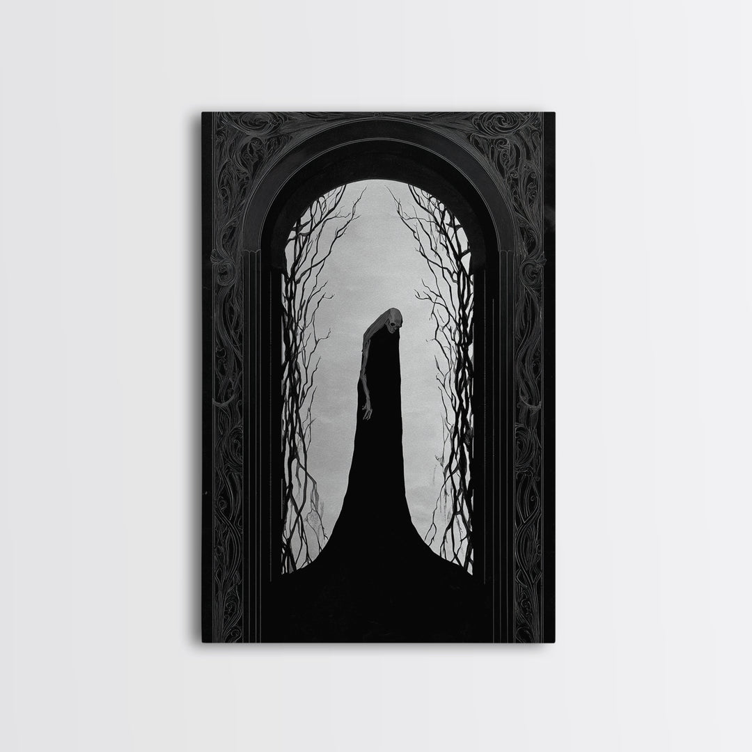 The Shadow Person, Decadent Line Art, Vertical Wall Art, Dark Halloween Decor, Framed Canvas Print, Halloween Wall Art