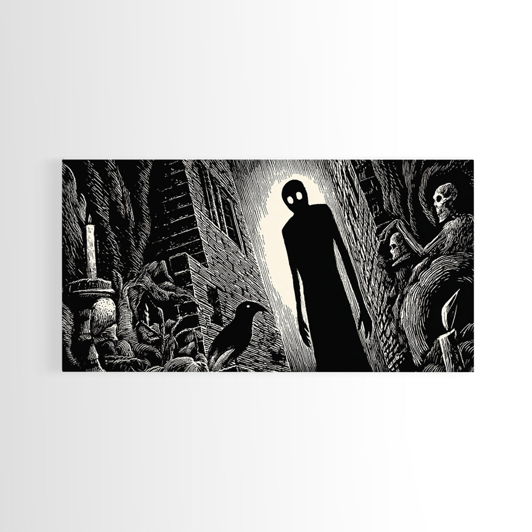 The Shadow Person, Macabre Folk Print Art, Wide Panoramic Art, Dark Halloween Decor, Canvas Print, Halloween Wall Art
