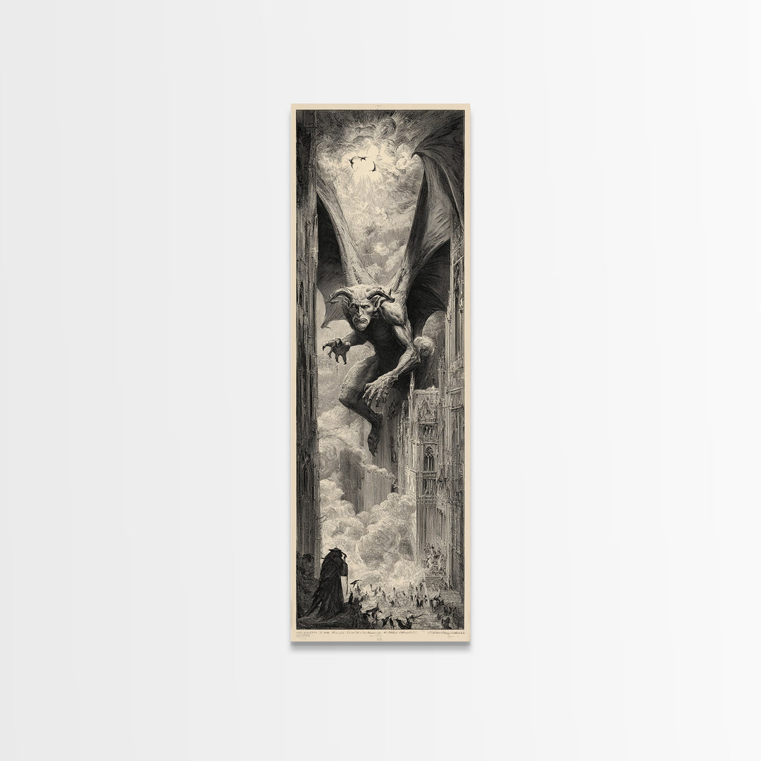 The Gargoyle Sentinel, Gothic Engraving Art, Tall Narrow Wall Art, Gothic Horror Wall Art, Framed Canvas Print, Halloween Wall Art