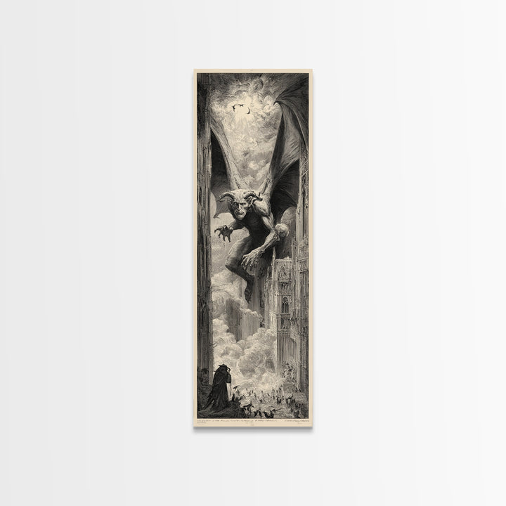 The Gargoyle Sentinel, Gothic Engraving Art, Tall Narrow Wall Art, Gothic Horror Wall Art, Framed Canvas Print, Halloween Wall Art