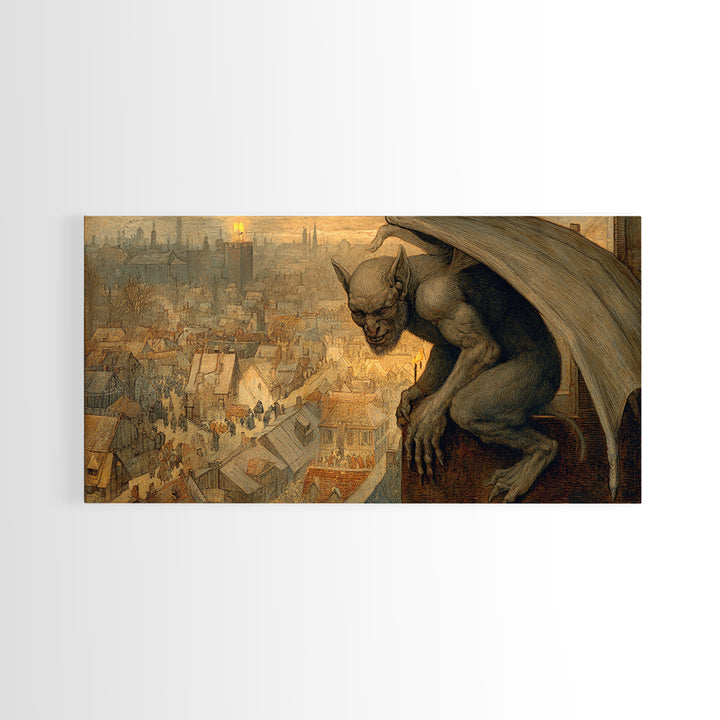 The Gargoyle Sentinel, Northern Renaissance Horror, Wide Panoramic Art, Gothic Horror Wall Art, Canvas Print, Halloween Wall Art