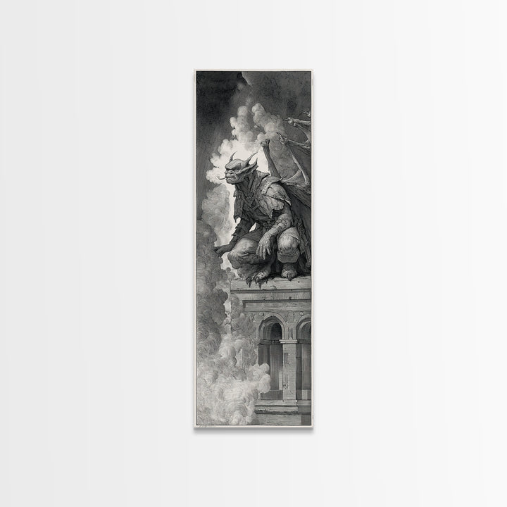 The Gargoyle Sentinel, Renaissance Engraving Art, Tall Narrow Wall Art, Dark Fantasy Wall Art, Canvas Print, Halloween Wall Art