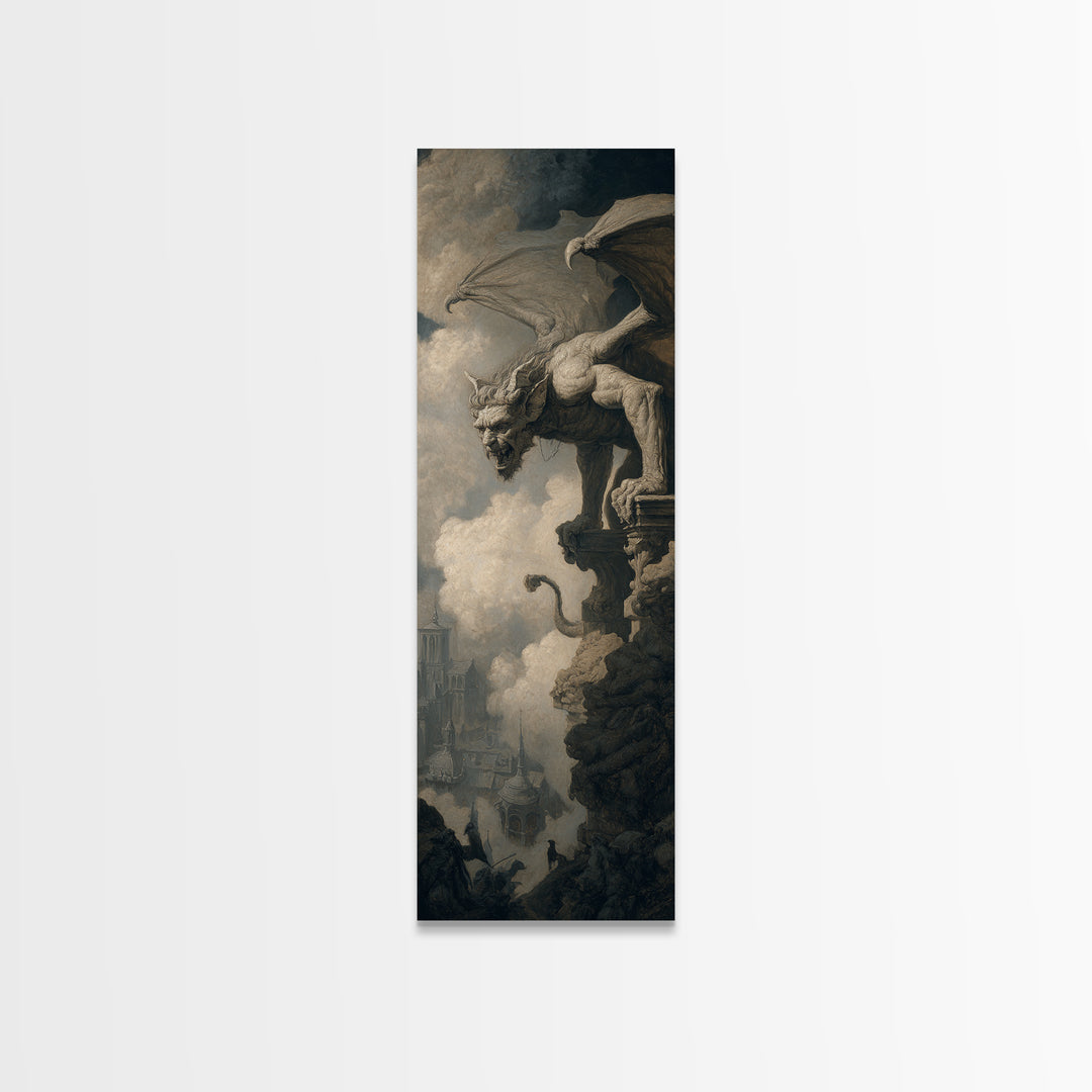 The Gargoyle Sentinel, Baroque Witchcraft Art, Tall Narrow Wall Art, Dark Fantasy Wall Art, Canvas Print, Halloween Wall Art