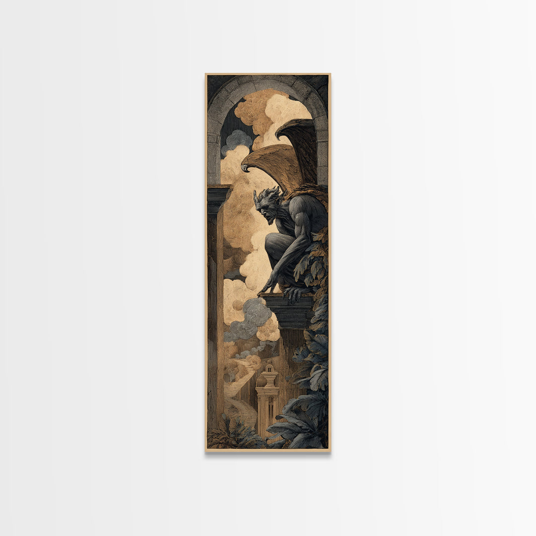 The Gargoyle Sentinel, Visionary Gothic Art, Tall Narrow Wall Art, Gothic Horror Wall Art, Canvas Print, Halloween Wall Art