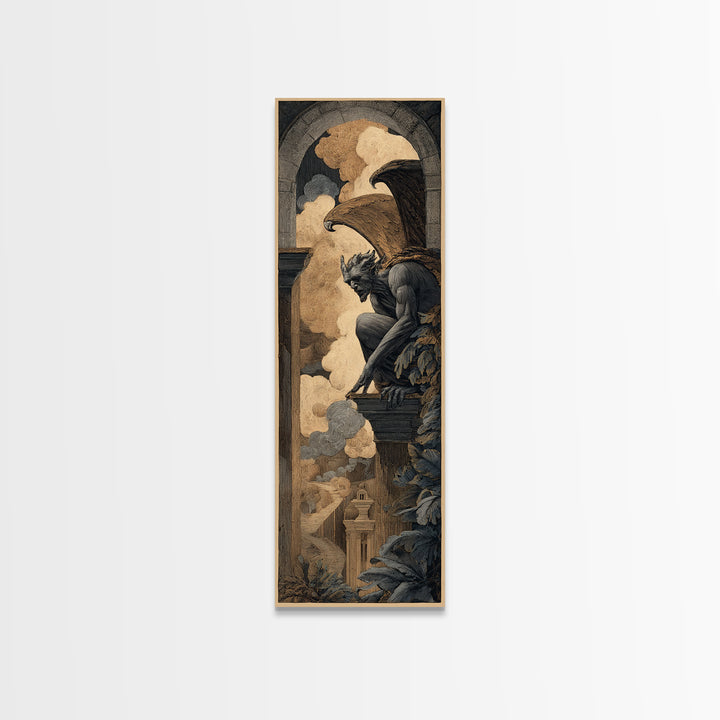 The Gargoyle Sentinel, Visionary Gothic Art, Tall Narrow Wall Art, Gothic Horror Wall Art, Canvas Print, Halloween Wall Art