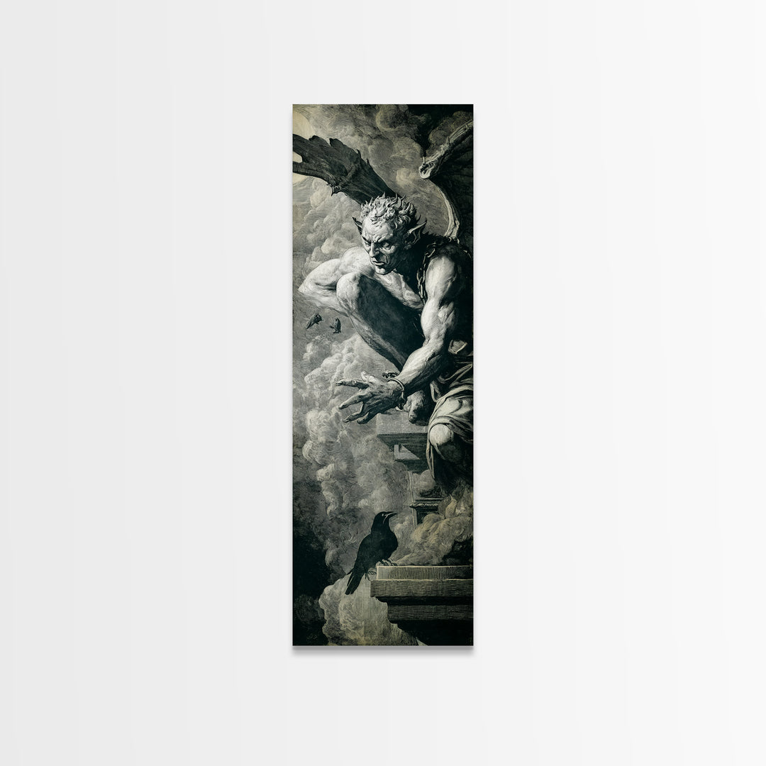 The Gargoyle Sentinel, Architectural Etching Art, Tall Narrow Wall Art, Dark Halloween Decor, Canvas Print, Halloween Wall Art