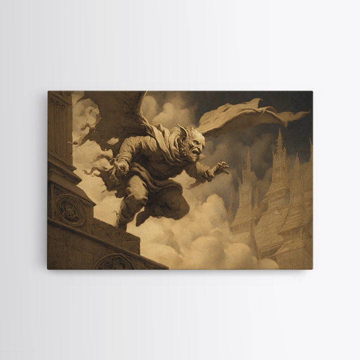 The Gargoyle Sentinel, Romantic Gothic Landscape, Landscape Wall Art, Gothic Horror Wall Art, Canvas Print, Halloween Wall Art