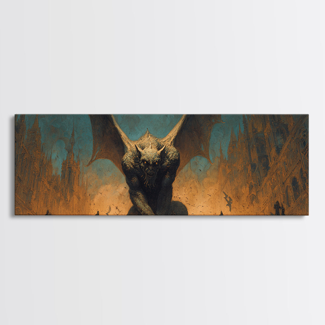The Gargoyle Sentinel, Apocalyptic Romantic Art, Extra Wide Wall Art, Gothic Horror Wall Art, Framed Canvas Print, Halloween Wall Art