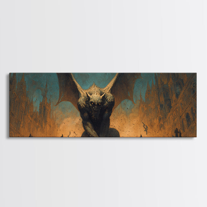 The Gargoyle Sentinel, Apocalyptic Romantic Art, Extra Wide Wall Art, Gothic Horror Wall Art, Framed Canvas Print, Halloween Wall Art