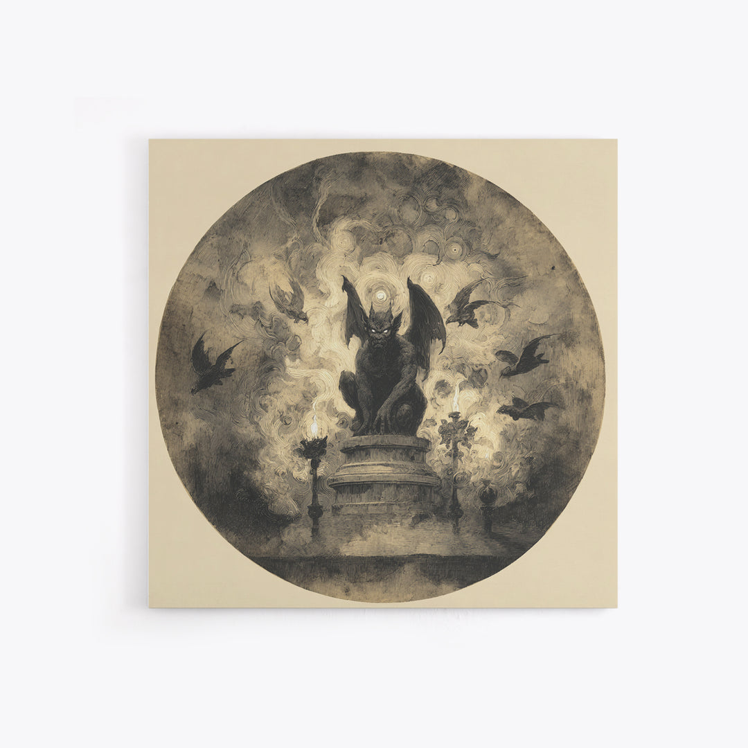 The Gargoyle Sentinel, Symbolist Dream Art, Square Wall Art, Dark Halloween Decor, Framed Canvas Print, Halloween Wall Art