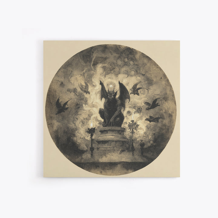 The Gargoyle Sentinel, Symbolist Dream Art, Square Wall Art, Dark Halloween Decor, Framed Canvas Print, Halloween Wall Art