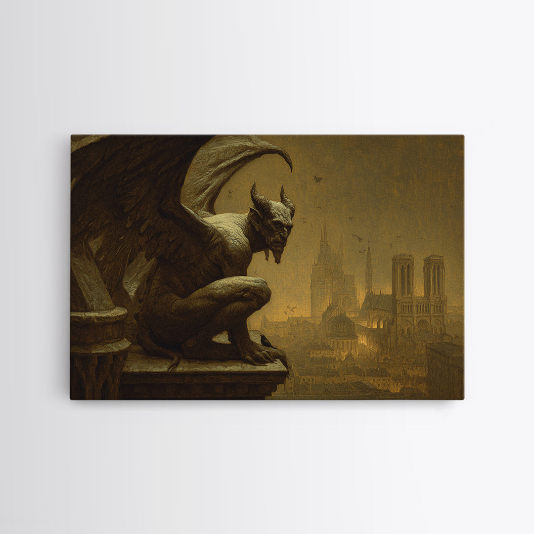 The Gargoyle Sentinel, Symbolist Gothic Landscape, Landscape Wall Art, Dark Halloween Decor, Framed Canvas Print, Halloween Wall Art