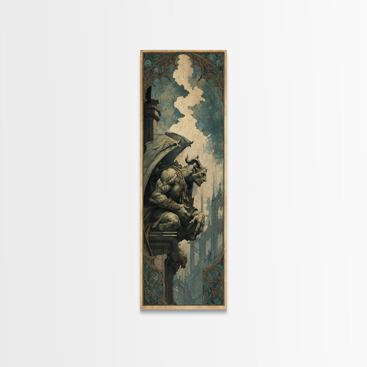 The Gargoyle Sentinel, Ornate Symbolist Art, Tall Narrow Wall Art, Dark Halloween Decor, Framed Canvas Print, Halloween Wall Art